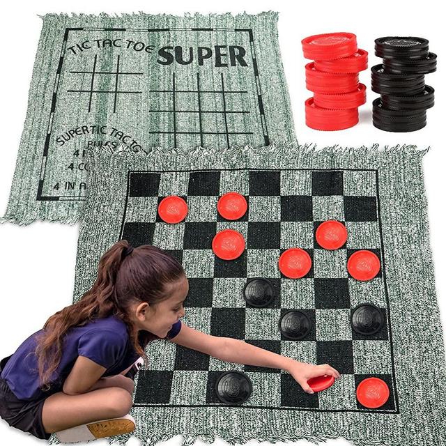 JOYIN 3-in-1 Vintage Giant Checkers and Tic Tac Toe Game with Reversible Mat (30"x 30"), 24 Chips, Family Board Game, Lawn Game, BBQ Party Favor, Indoor and Outdoor Activity for Kids and Adults