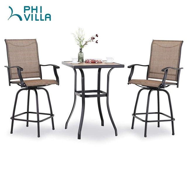 PHI VILLA 3 PCS Patio Swivel Bar Set Outdoor Furniture Bar Height Bistro Set, 2 Bar Stools and 1 Table