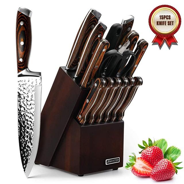 Knife Set, Elegant Life 15-Piece Kitchen Knife Set with Block Wooden, Manual Sharpening for Chef Knife Set, Self Sharpening for Chef Knife Set, Japan Stainless Steel, Boxed Knife Sets