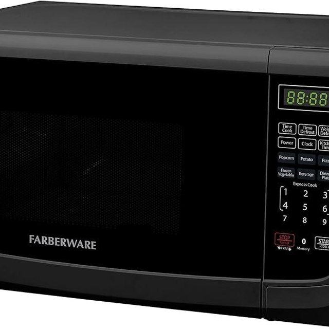 Farberware FM11BKA Compact Countertop Microwave Oven 1.1 Cu. Ft. 900-Watt with LED Lighting, Child Lock, Easy Clean Grey Interior, Retro Black