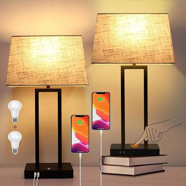 2-Pack Touch Control Bedside Lamp with USB Ports and AC Outlet 3-Way Dimmable Small Table Lamps for Living Room Black Nightstand Lamp Desk Bed Lamps for Bedroom Reading Office Dorm (Bulbs Included)