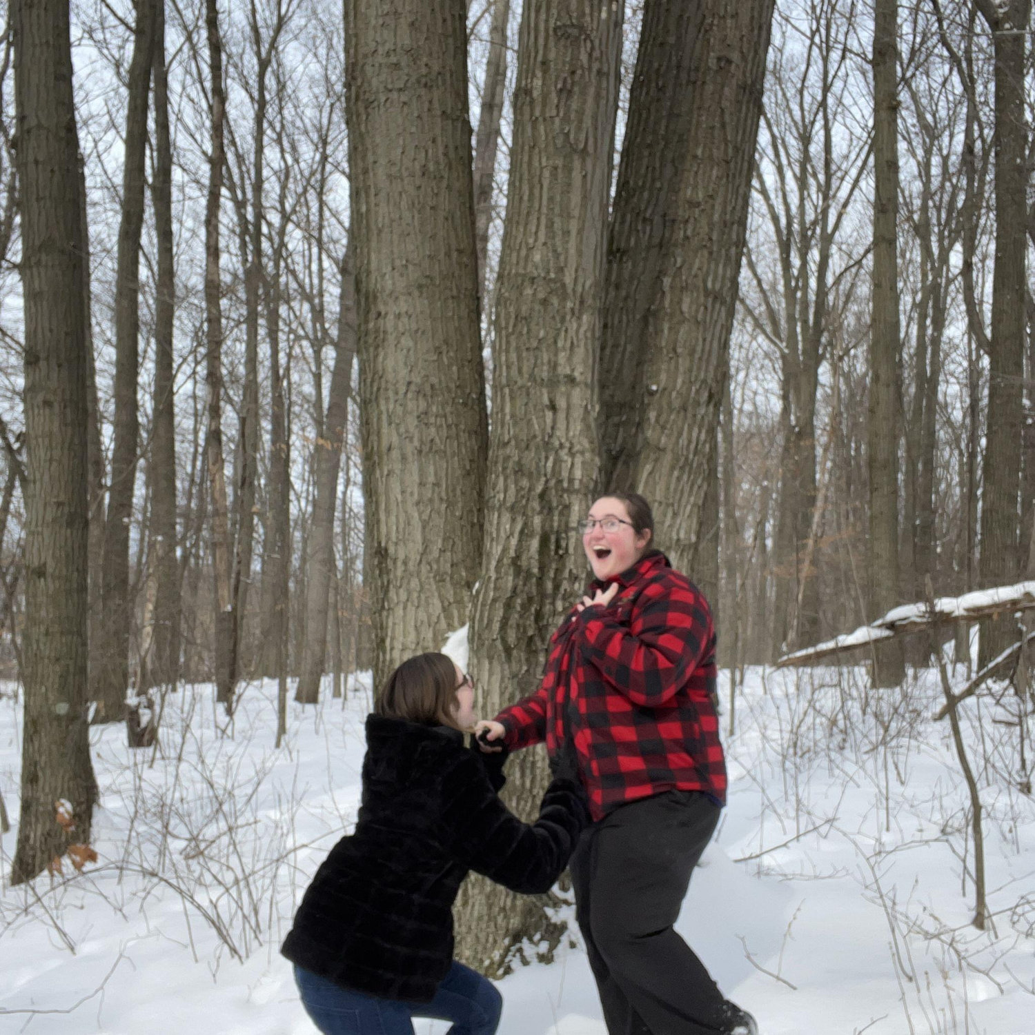 Lake jokingly got on one knee during our photoshoot. Little did we know that Jay would be the one proposing 2 years and 9 months later. Lincoln Brick Park, February 2021.
