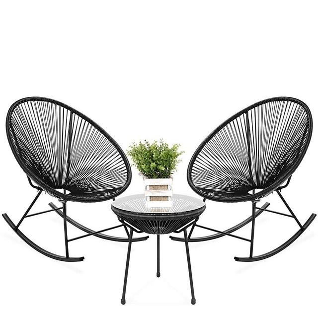 Best Choice Products 3-Piece All-Weather Patio Woven Rope Acapulco Bistro Furniture Set w/Rocking Chairs, Table - Black