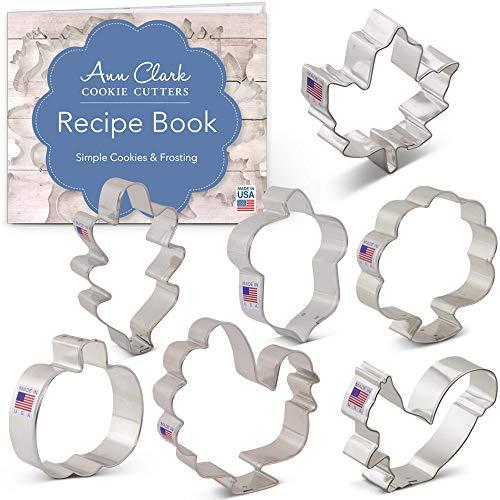 Ann Clark Cookie Cutters 7-Piece Fall and Thanksgiving Cookie Cutter Set with Recipe Booklet, Pumpkin, Maple and Oak Leaf, Turkey, Front Facing Turkey, Squirrel and Acorn
