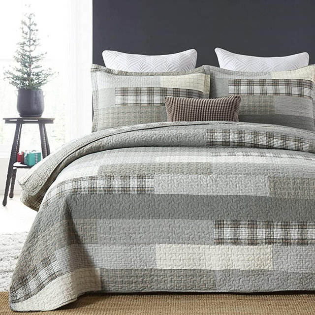 Y-PLWOMEN King Quilt Bedding Set - Cotton Grey Patchwork Plaid Quilted Bedspread, 3 Pieces Lightweight Reversible Bed Quilt Decor for All Season,King Size