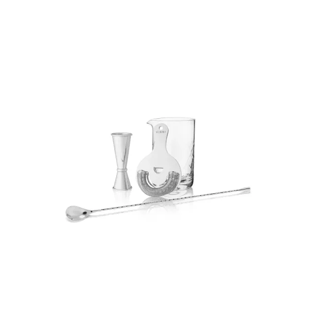Viski Stainless Steel Bartender Set 4pcs Kit | Drink Mixers for Cocktails Gift Essentials: Mixing Glass, Hawthorne Strainer and Barspoon, Silver