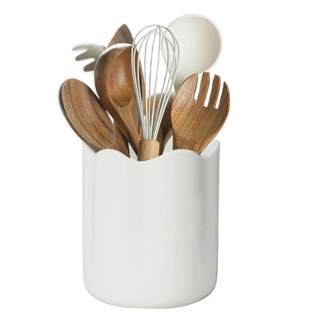 LYRIMEAI Ceramic Utensil Holder for Kitchen Counter, Large Kitchen Utensil Holder for Countertop with Cork Bottom, Cooking Tool Organizer for Spatula, Whtie