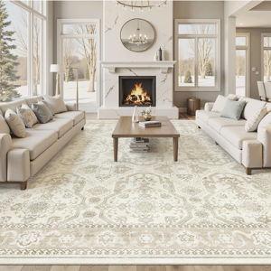 10x14 Area Rugs for Living Room, Non Slip Machine Washable Vintage Rugs, Low Pile Lightweight Large Rug for Bedroom, Dining Room, Home Office Beige/Brown