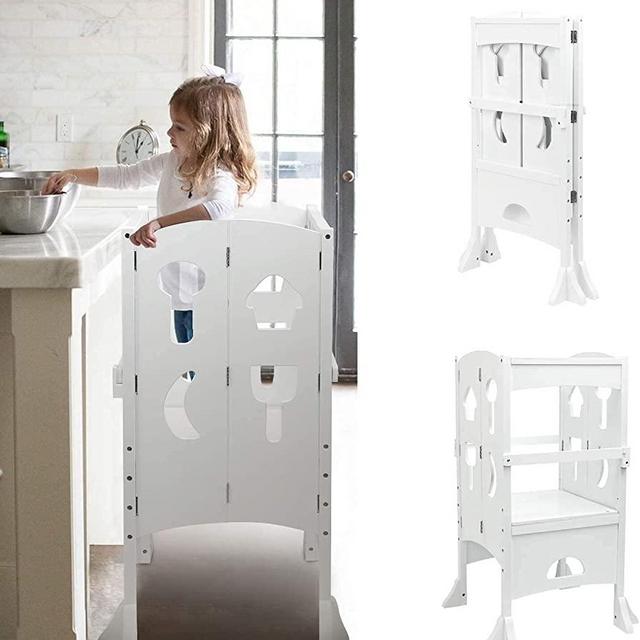 YOUNIS Kids Kitchen Stool, Toddler Stool Folding Step Stool, Collapsible Tower for Kids, Safety Standing Stool for Kids with Solid Hardwood Construction - White