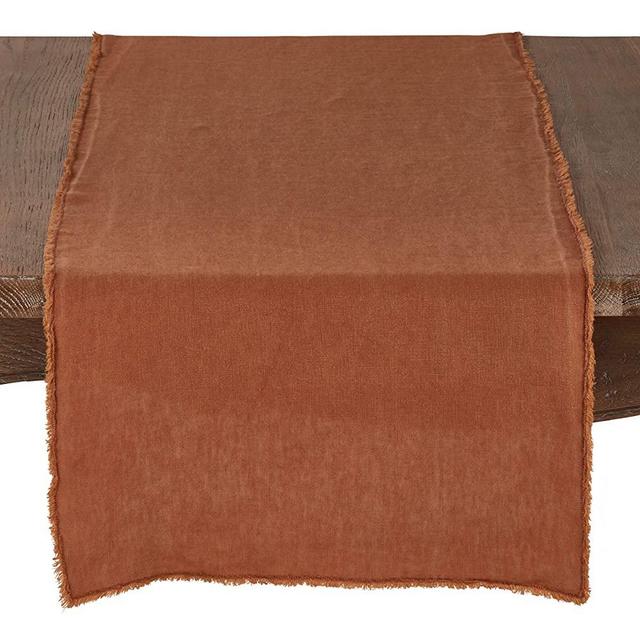 Terracotta 100% Linen Fringed Design Stone Washed Table Runner, 16"x72" Rectangle - (1 Piece).