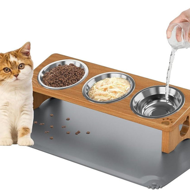 Elevated Cat Bowls with 3 Stainless Steel Bowls | 15° Tilted Anti-Vomiting Raised Cat Food Bowl with Solid Wood Stand and Silicone Pad for Cats and Small Pets Bowl(Teak)