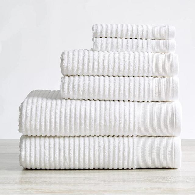 100% Cotton Ribbed Terry Bathroom Towels. Absorbent Quick-Dry Plush Bath Towels. Rori Collection (6 Piece Set, White)