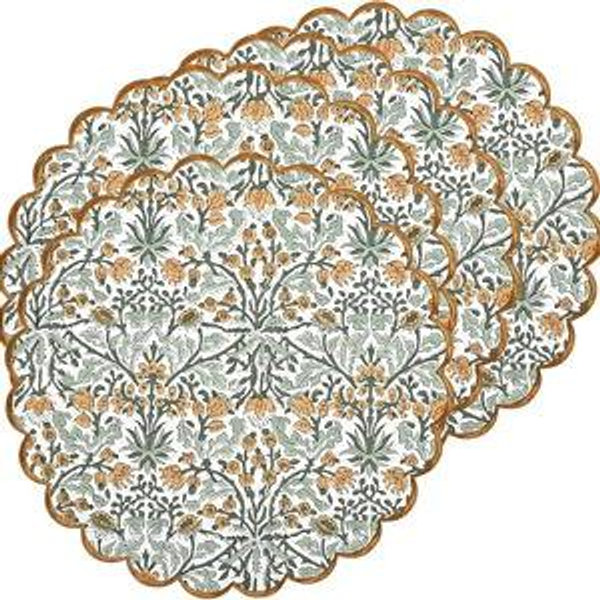 Ridhi Block Print Spring Place Mat Double Layer Floral Cotton Washable Placemats 15" Round Embroidery Table Mat (Pack of 4-15 Inch Round Goldenrod Yellow)