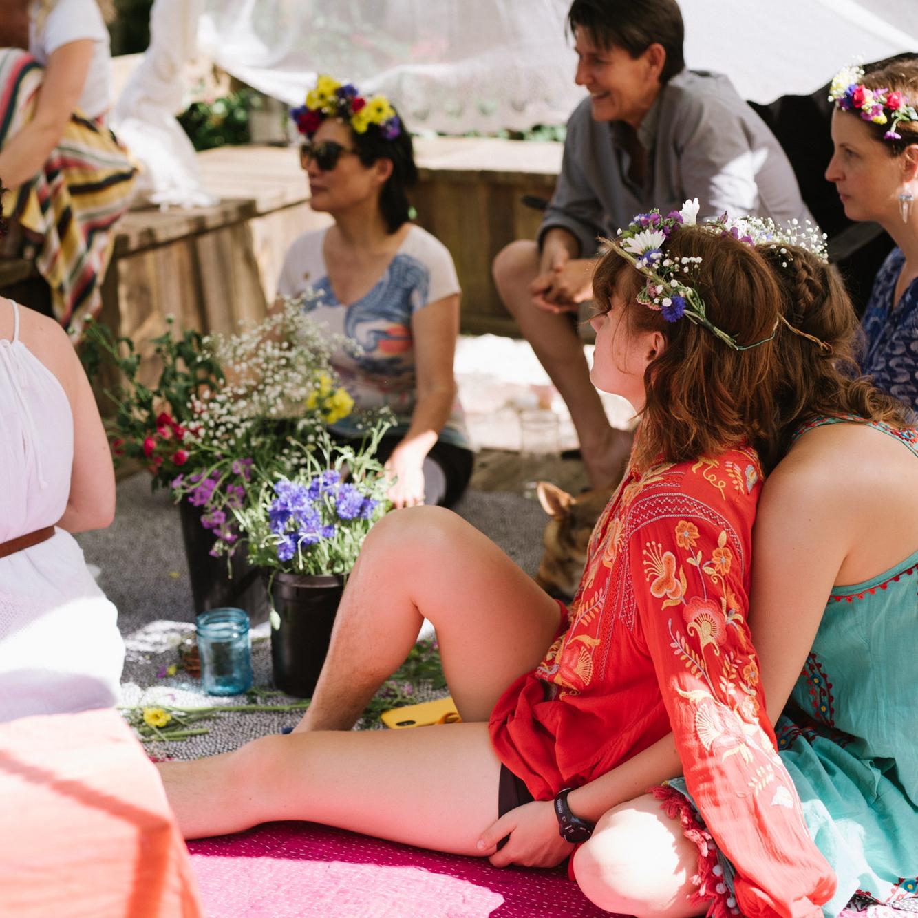 Making flower crowns at a fairy garden baby shower party for our friend Kate.