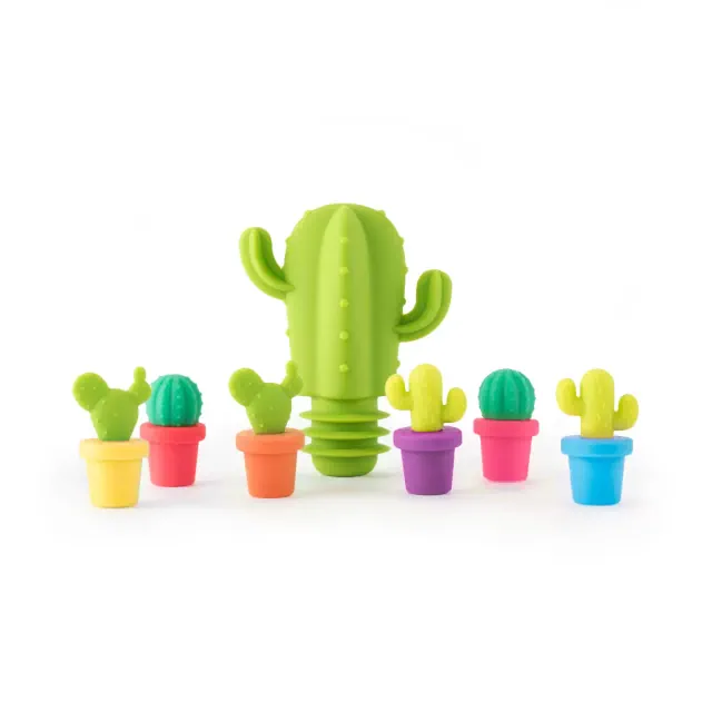TrueZoo Cactus Wine Glass Charms and Drink Markers with Bottle Stopper - Wine Accessories - Multi Color Set of 7