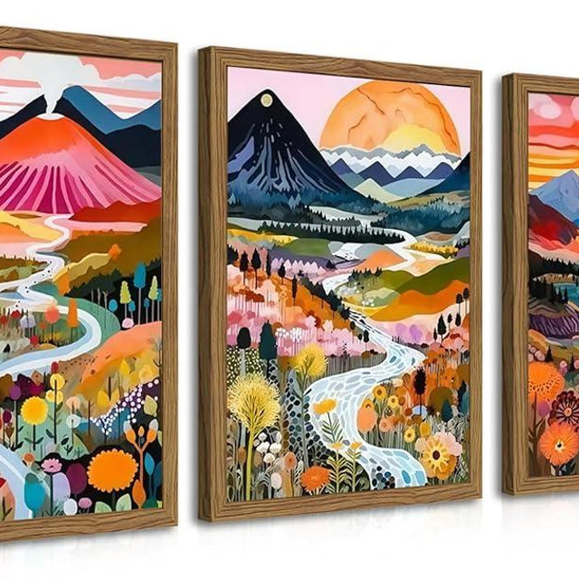 Wood Frame Boho Colorful Wall Art, Set of 3 Abstract Watercolor Mountain Landscape Wall Decor Painting, Modern Flower Aesthetic Posters Prints for Living Room Bathroom Bedroom 12x16In Framed