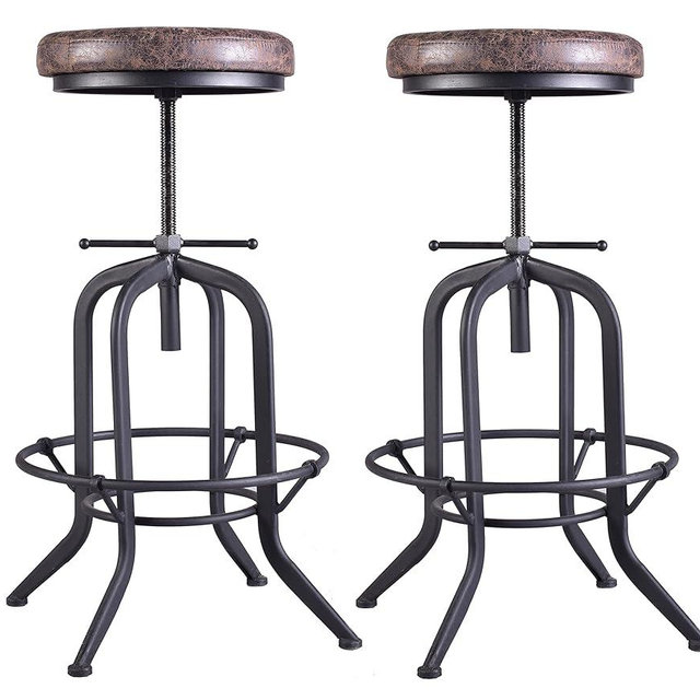 LOKKHAN Industrial Bar Stool, Set of 2, Rustic Swivel Leather Stool, Metal Pipe & Round PU Leather Cushion, Vintage Adjustable Height, 25.39-31.29 Inch, Black