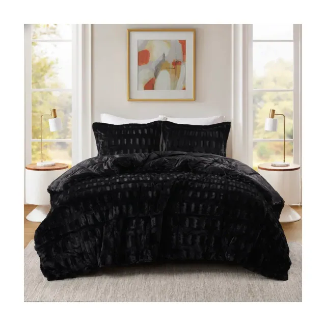 3Pcs Ultra Soft Faux Fur Comforter Set, Faux Mink Reverse Premium Touch Extra Warmth Comforter with Matching Shams, Black, Full/Queen