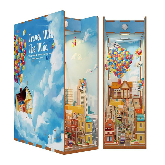 Tonecheer DIY Book Nook Kit for Adults,3D Wooden Puzzle Bookend Bookshelf Insert Library Decor, Booknook Miniature House Kit with Body Motion Sensor LED Light (Travel with The Wind)