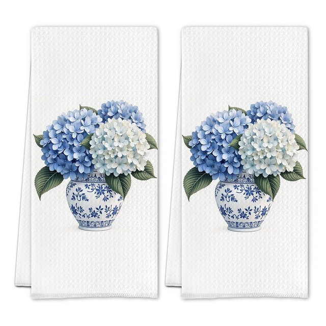 SereneHanctuary Chinoiserie Blue and White Porcelain Kitchen Towels,Hydrangea Decor for Kitchen Bathroom Home,Floral Gifts for Women,Chinese Vintage Vase Grand Millenial Decor,16X24 Inches Set of 2