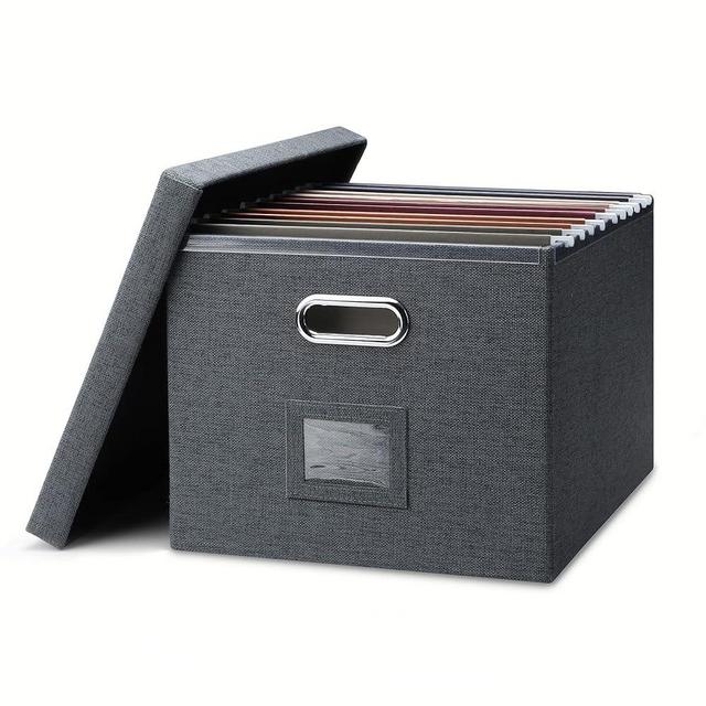 Graciadeco File Organizer Box, Collapsible Storage Filling Box with Lid for Letter Legal Size Hanging Folders Decorative Linen File Folder Box Document Storage Filing Bin, Dark Gray 1 Pack