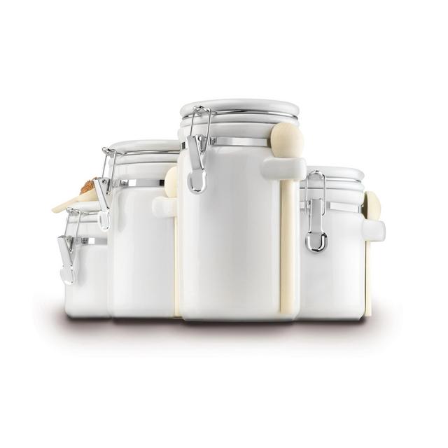 Anchor Hocking Ceramic Canister Set with Clamped Lid and Wooden Spoon, White, Mixed Sizes, Set of 4