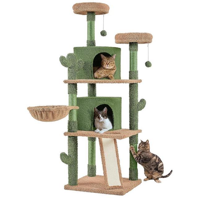 Yaheetech Cactus Cat Tree, 66″H Cat Tower for Indoor Cats, Multi-Level Cat Tree with Large Condos & Ramp, Pet Play House with Padded Perch, Platforms, Basket & Hanging Ball, Green/Brown