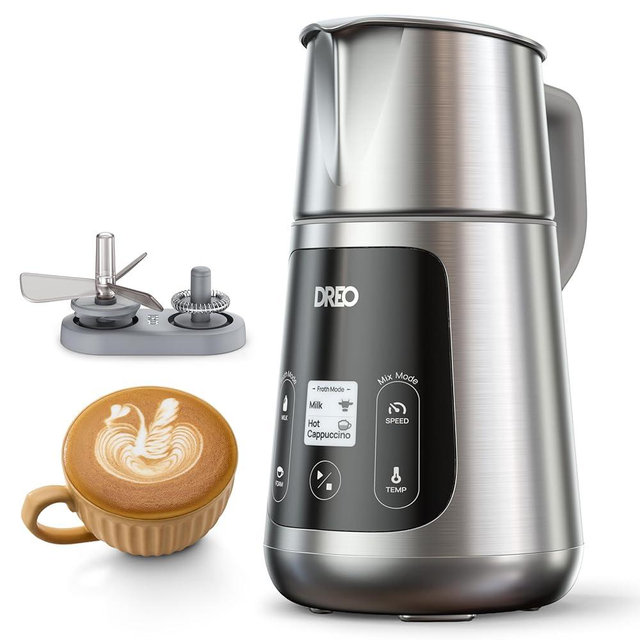Dreo Milk Frother [Upgraded], All-in-1 Electric Foam Maker for Coffee, 15oz/450ml Automatic Foam Frother for Latte Art-level Microfoam, 30+ Drinks, Dishwasher Safe, Easy to Clean, LED display