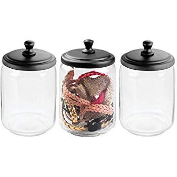 Mason Jar Bathroom Vanity Organizer - Farmhouse Decor Apothecary Jars Bathroom Accessories - Qtip Holder Dispenser Glass for Qtips,Cotton Swabs,Rounds,Flossers,Hair Band / 2-Pack (Black)