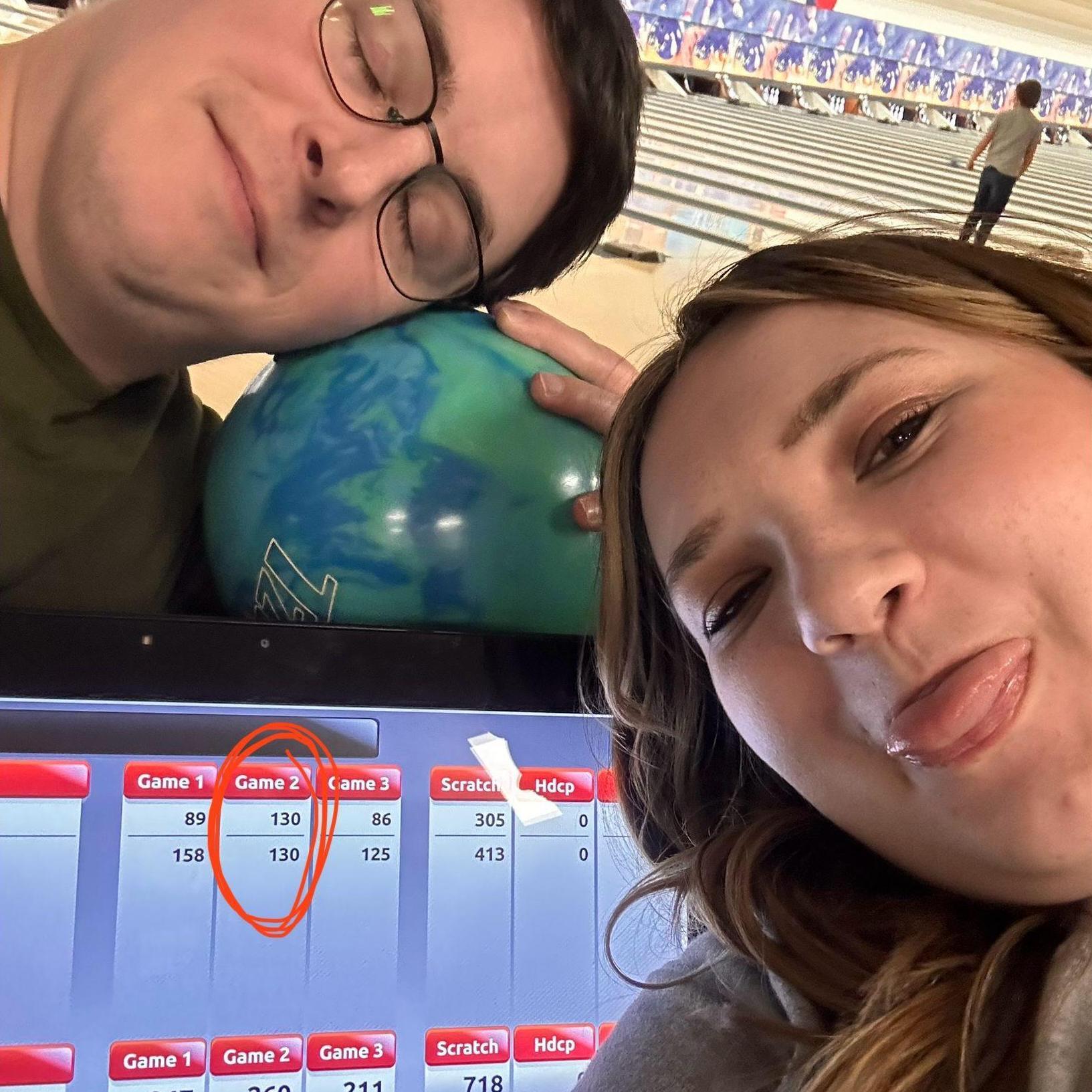 Our first tied bowling round! Andrew usually doubles Riley's score.