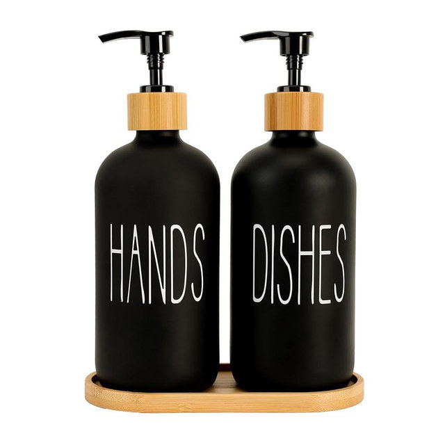 Baynlayn Matte Black Glass Soap Dispenser Set Hand and Dish Soap Dispensers Suitable for Rustic Kitchen Decor (Black)