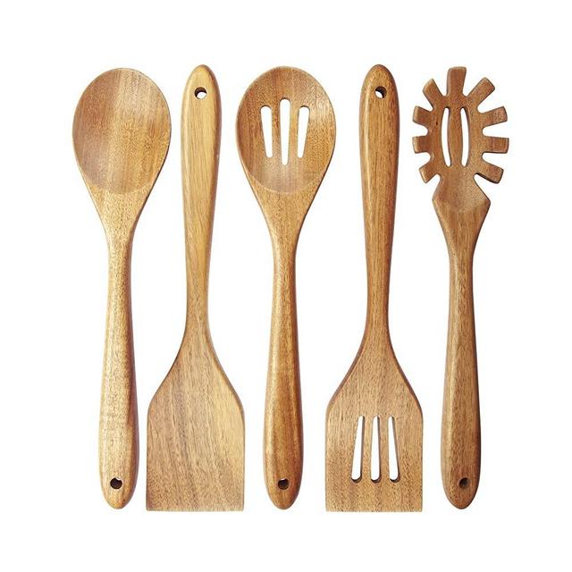 Wooden Spoons for Cooking - 5 Piece Non Stick Wooden Spoon Set - Natural Wood Kitchen Utensils - Wooden Spoons, Spatula Set, Slotted Spoon & Pasta Spoon - Handmade Acacia Wooden Spoon Set