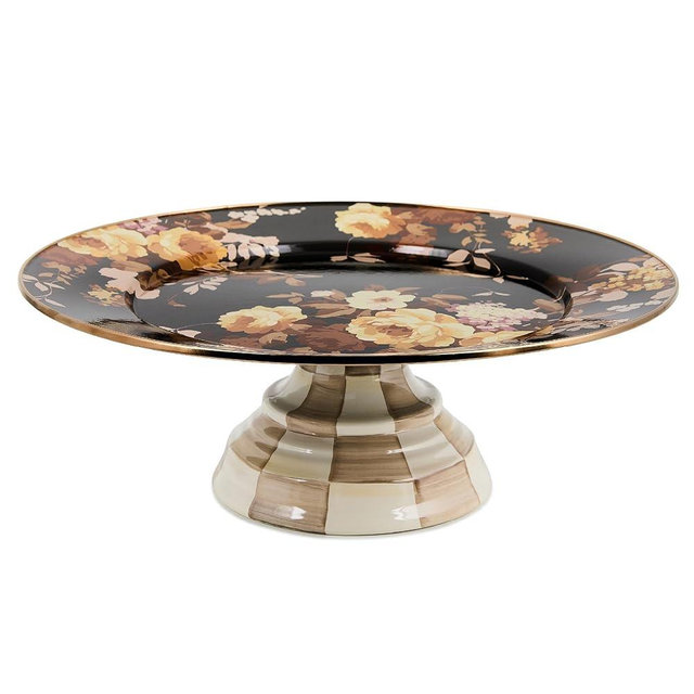 MACKENZIE-CHILDS Enamel Pedestal Platter, Round Cake Stand, Large, Wild Rose Brown