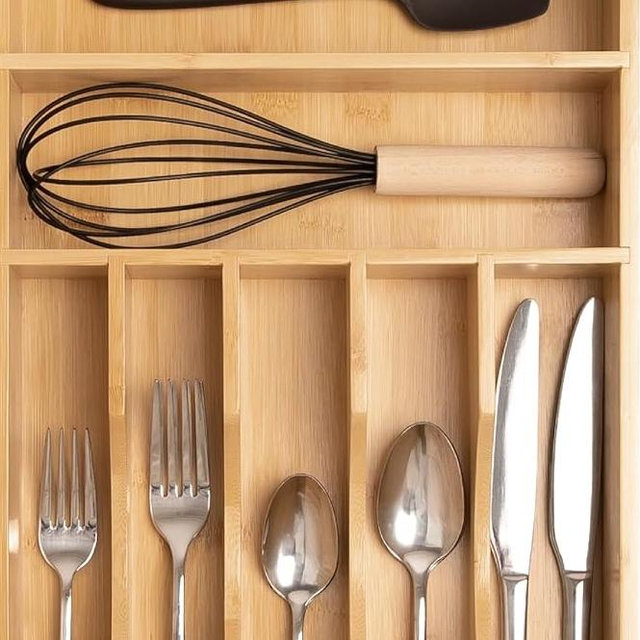 Silverware Organizer - Cutlery, Flatware, and Utensil Holder for Kitchen Drawers, Fixed 10.5” Width, 7 Storage Compartments, Non-Slip Feet, Rounded Corners, 100% Bamboo