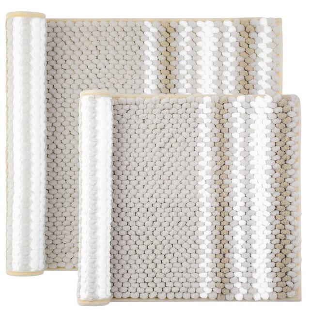 PiccoCasa Chenille Extra Soft Fluffy Non-Slip Shaggy Absorbent Area Bath Rugs Set of 2 Bone and White 17x24" & 20x32"