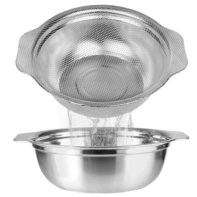 POPGRADE Stainless Steel Colander for Kitchen, 3QT Rice Washer Strainer Bowl Set, Colander with Mixing Bowl, Pasta Vegetables Fruits Rice Washing Bowl with Strainer
