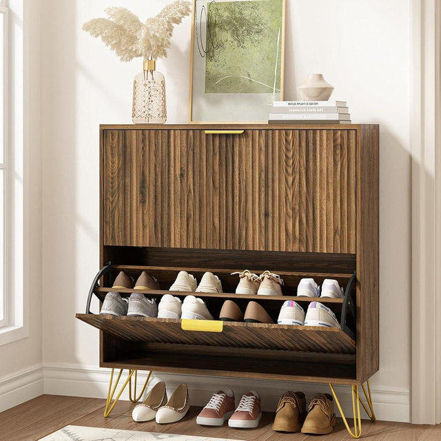 NOVAMAISON Shoe Cabinet with 2 Flip Drawers Walnut, Fluted Shoe Cabinet Storage for Entryway Slim, Mid Century Narrow Shoe Organizer Cabinet, Modern Freestanding Shoe Rack for Entryway, Walnut