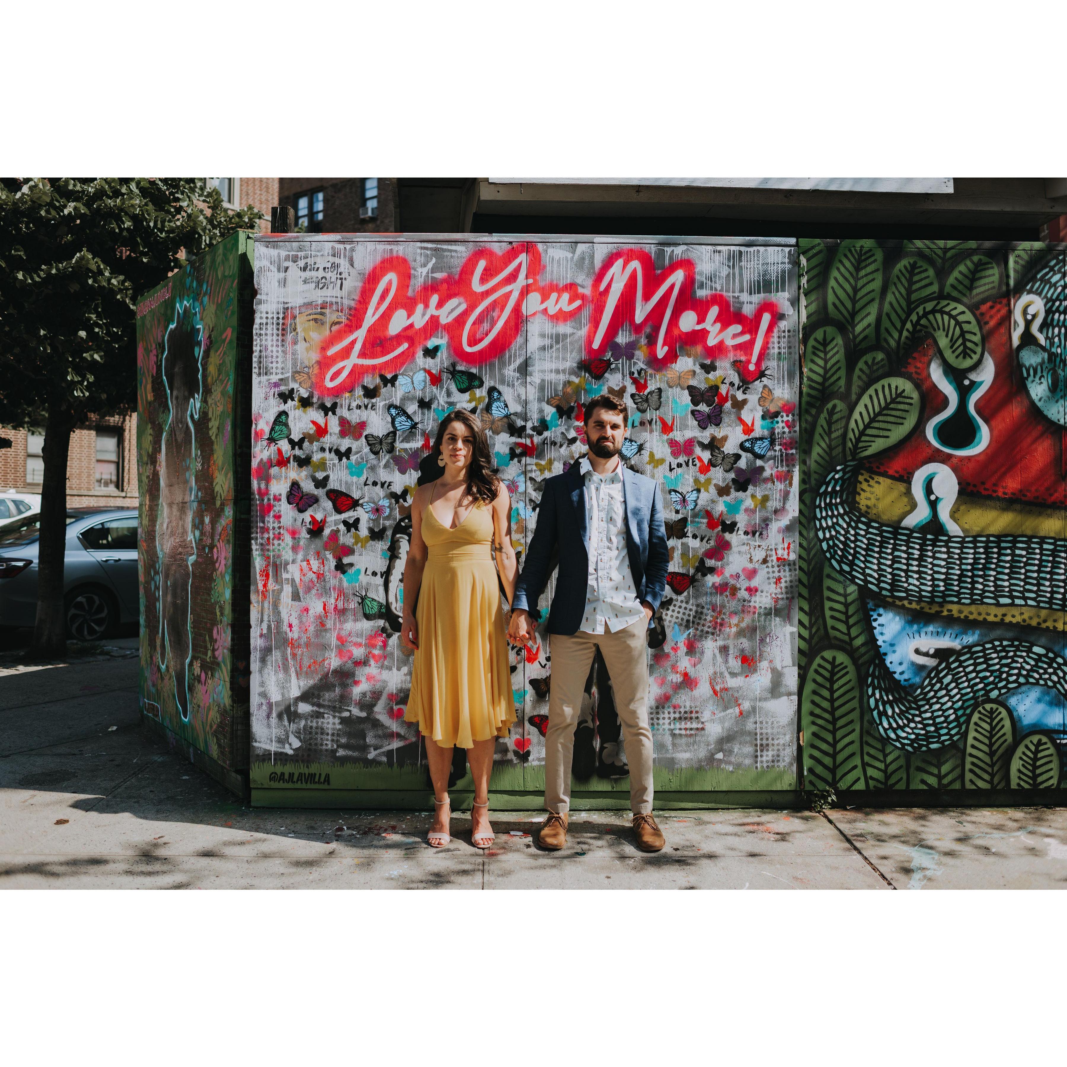 Engagement shoot w/ @hellocaitcarr. Street art mural on our block. Prospect Heights, Brooklyn.