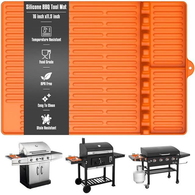 Silicone Griddle Mat for Blackstone Griddle Accessories, Large Heat Resistant Spatula Mat with Drip Pad, BBQ Grill Tools Holder for Outdoor Grill, Side Shelf, and Kitchen Countertop (1, Orange)