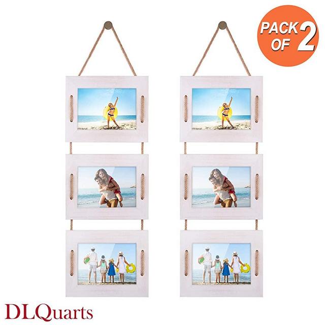 DLQuarts Hanging Picture Photo Frames Collage 5x7 Without Mat & 3.5x5 with Mat, Rustic Wood 3-Frame Vintage White 2 Pack