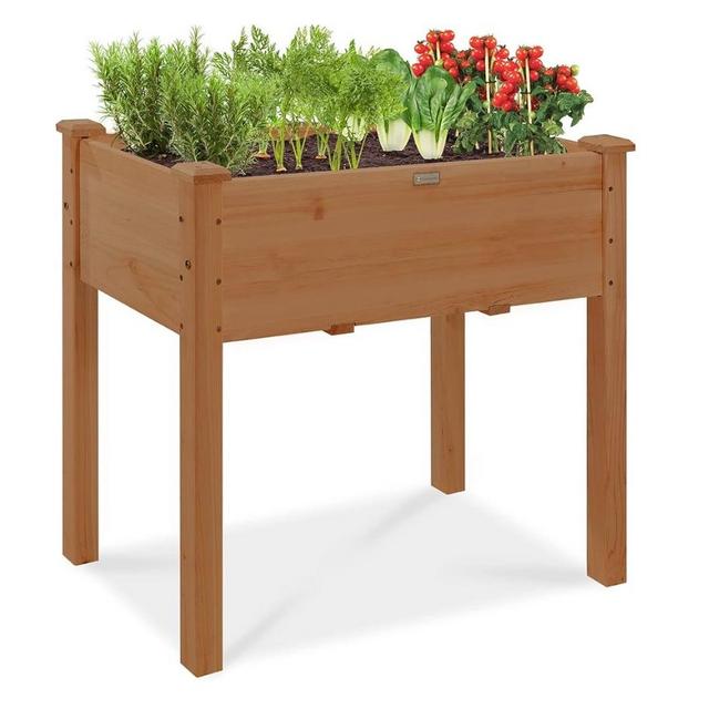 Best Choice Products 34x18x30in Raised Garden Bed, Elevated Wood Planter Box Stand for Kids, Backyard, Patio, Balcony w/Bed Liner, 150lb Capacity - Acorn Brown