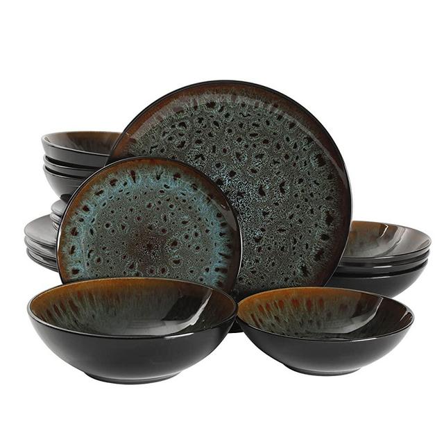 Gibson Elite Kyoto Reactive Stoneware Double Bowl Dinnerware Set, 16 Piece, Teal