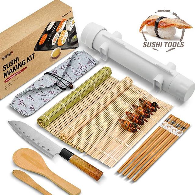 ISSEVE Sushi Making Kit, Bamboo Sushi Mat, All In One Sushi Bazooka Maker with Bamboo Mats, Bamboo Chopsticks, Paddle, Spreader, Sushi Knife, Chopsticks Holder, Cotton Bag, DIY Sushi Roller Machine