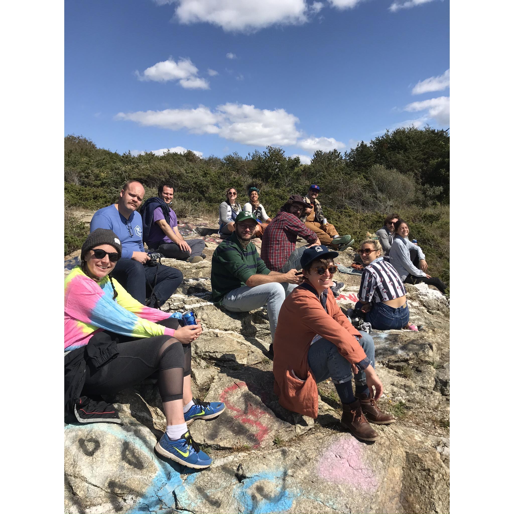 Day after wedding hiking with friends on the bluffs at Fort Wetherill State Park.