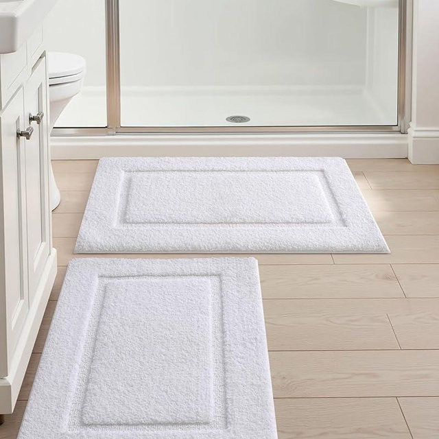 DEXI Bathroom Rugs Set 2 Piece 24x16, Washable Non Slip Bath Mat for Shower Floor, Absorbent Quick Dry Bathmat with Rubber Backing, Ultra Soft Plush Carpet for Tub, White
