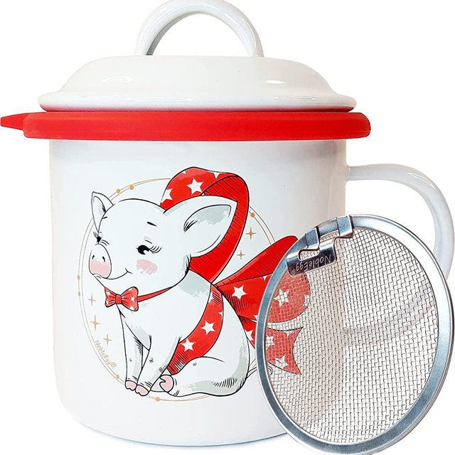 NobleEgg Bacon Grease Container with Strainer, 650 ml | 22 oz. Removable Silicone Ring Protector and Lid, Enamel Ceramic, Cute Piggy Farmhouse Decor