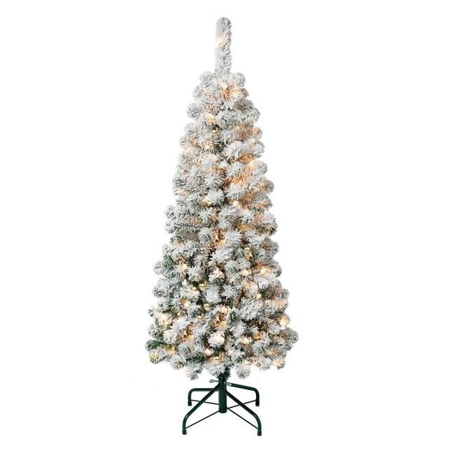 National Tree Company First Traditions 4.5' Pre-Lit Pencil Slim Flocked Acacia Hinged Artificial Christmas Tree Clear Lights