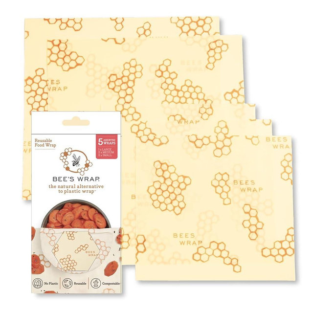 Bee's Wrap Beeswax Wraps for Food - Honeycomb 5 Pack (2L, 3M) Made in USA Reusable & Organic Food Wraps & Bowl Covers - Eco-Friendly Alternative to Aluminum Foil & Plastic Wrap