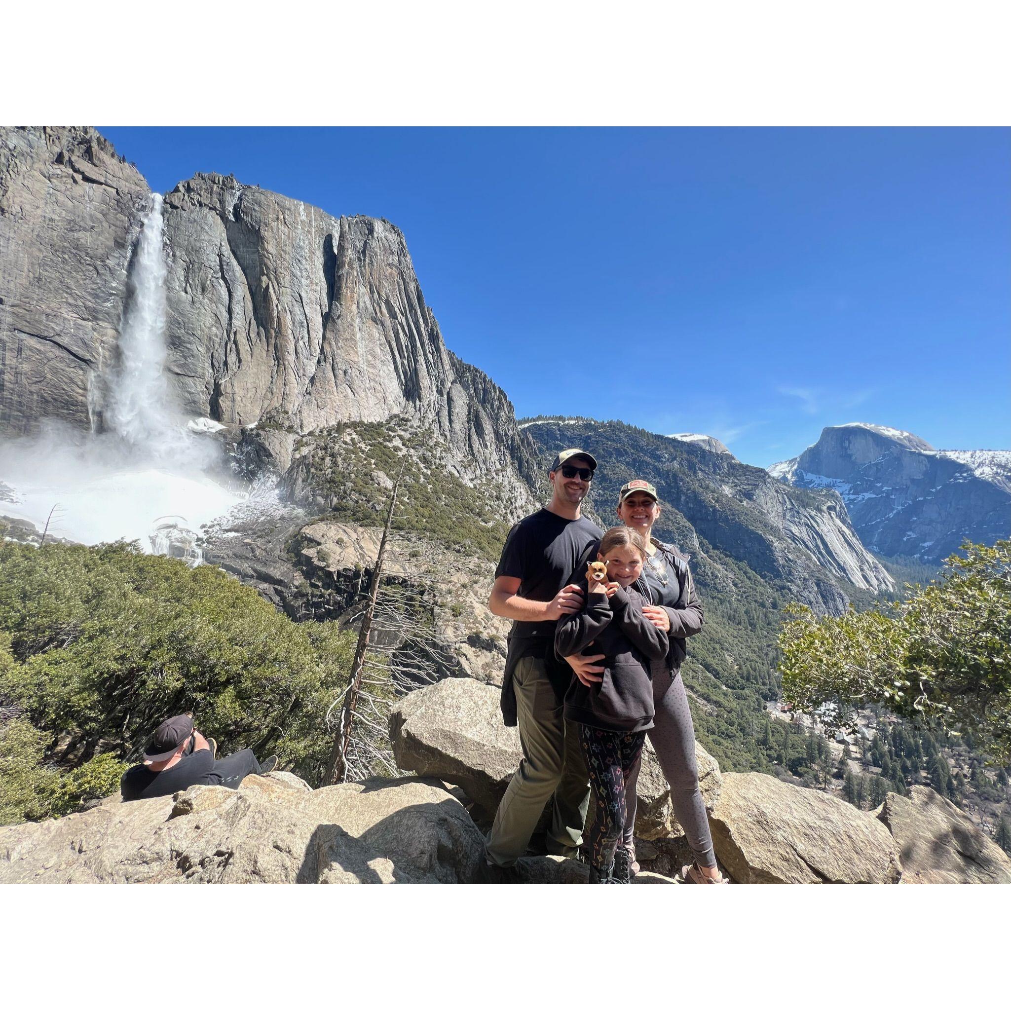 First family trip. View of Upper Yosemite Falls and Half Dome