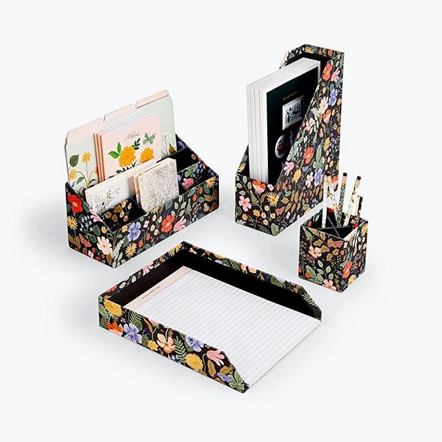 Rifle Paper Wrapped Desk Strawberry Fields Bundle with Desk Organizer, Magazine Holder, Letter Tray, Pencil Cup, and Writing Pen. Features Full Color Illustrations of Strawberry Fields Print.
